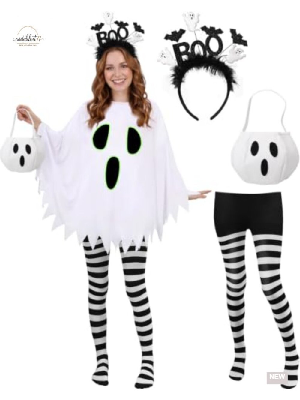 Women Ghost Halloween Costume Glow in Dark Poncho Tights Set
